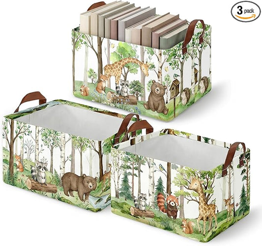 3 Pack Woodland Storage Baskets for Gifts Safari Animal Empty Large Collapsible Toy Storage Bins Box Woodland Canvas Baskets Organizer with Handles Nursery Decor Laundry Basket for Shelves Closet
