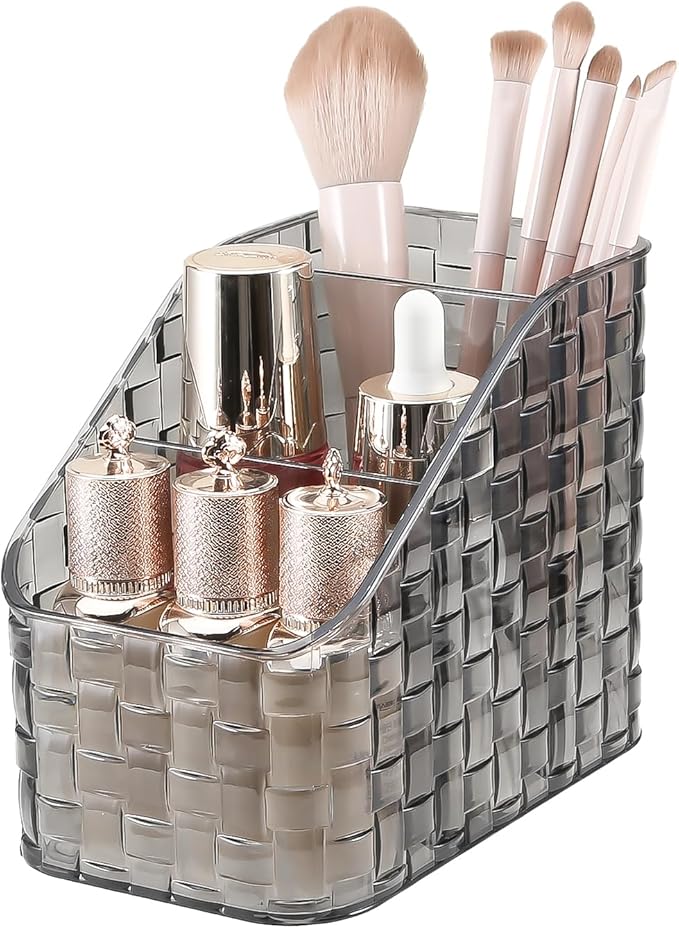 DASITON Makeup Brush Holder Organizer, 3 Slots Acrylic Makeup Brushes Storage Cup, Woven Texture Make Up Brush Holder for Vanity Bathroom Office, Pen Holder for Desk, Cosmetic Display Cases (Grey M)