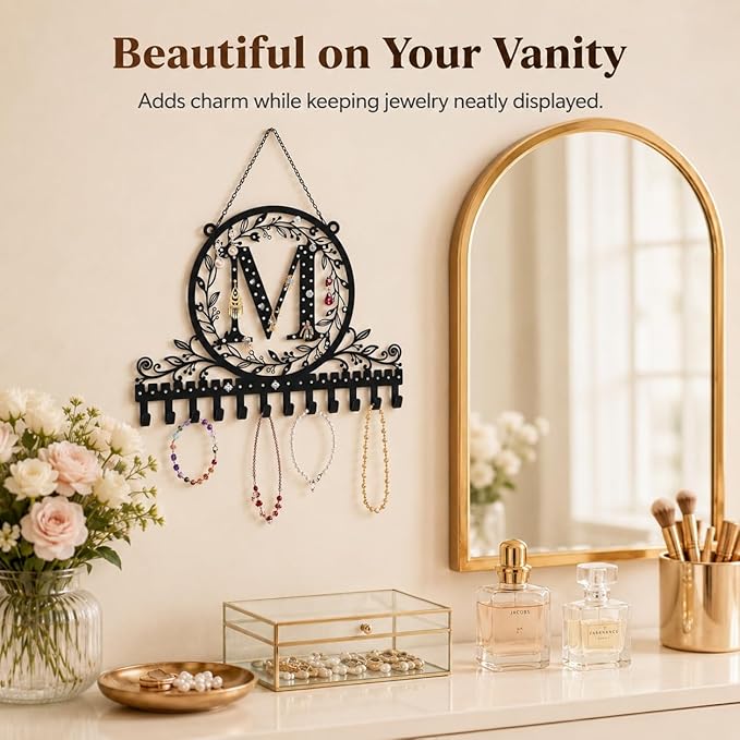 Wall-Mounted Metal Initial Letter M Earring Holder Hanging Jewelry Organizer for Earrings and Necklaces Space-Saving Wall Display with Hooks for Jewelry Storage