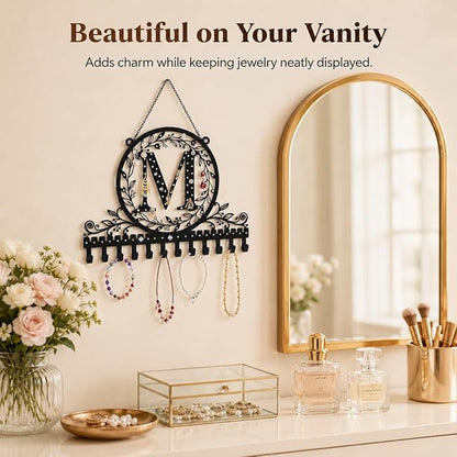 Wall-Mounted Metal Initial Letter M Earring Holder Hanging Jewelry Organizer for Earrings and Necklaces Space-Saving Wall Display with Hooks for Jewelry Storage