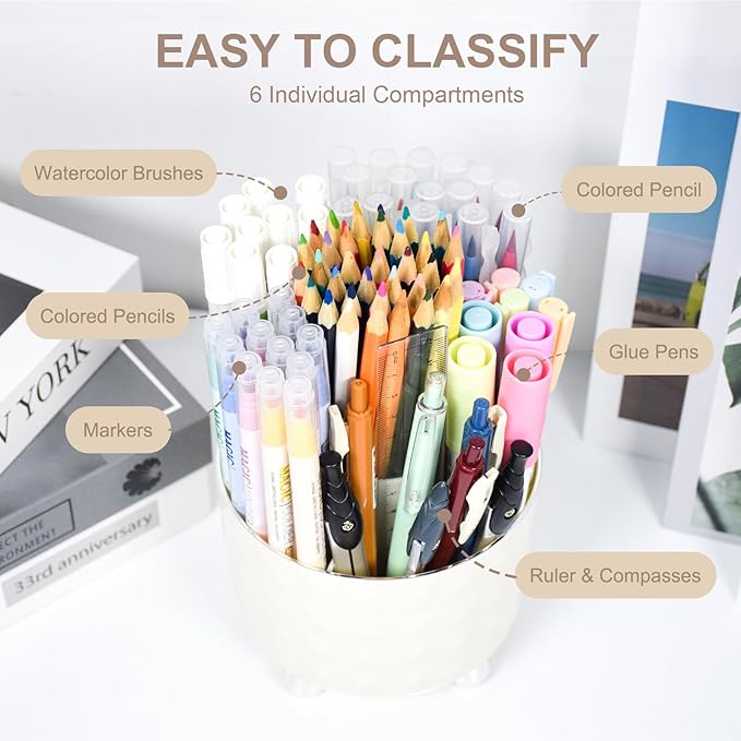SAYEEC Pen Holder for Desk 6 Slots Rotating Makeup Brush Organizer Toothbrush Hair Brush Holder Versatile Desk Skin Care Cosmetic Organizer Pencil Cup Pot Art Supply Caddy for Vanity Office (Cream)