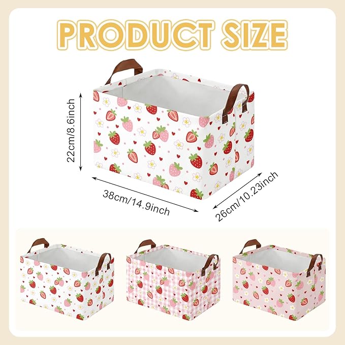 3 Pack Strawberry Storage Baskets for Gifts Strawberry Empty Large Collapsible Toy Storage Bins Box Pink Canvas Baskets Organizer with Handles Cute Nursery Decor Laundry Basket for Shelves Closet