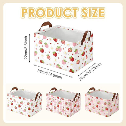 3 Pack Strawberry Storage Baskets for Gifts Strawberry Empty Large Collapsible Toy Storage Bins Box Pink Canvas Baskets Organizer with Handles Cute Nursery Decor Laundry Basket for Shelves Closet