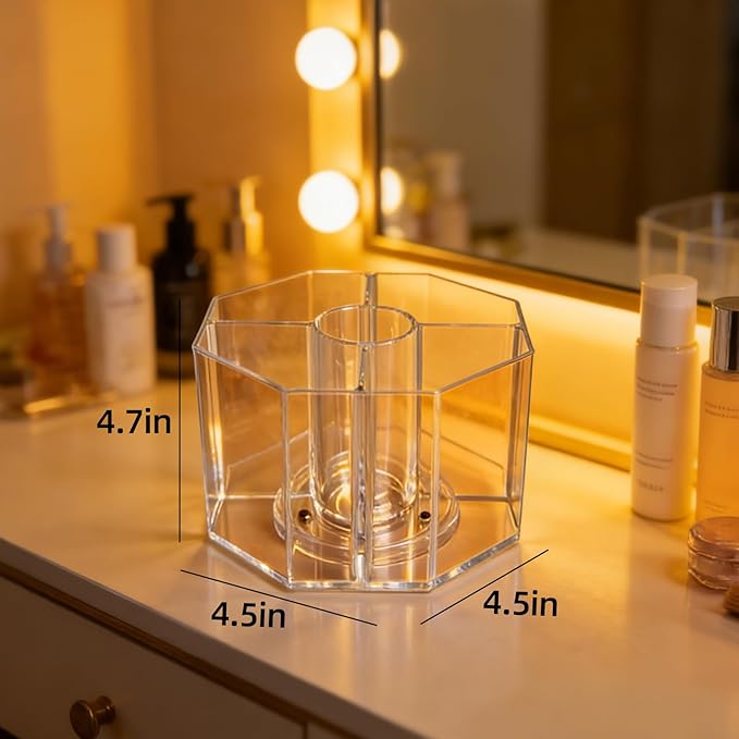 Acrylic Makeup Brush Holder, 360°Rotating Makeup Brush Organizer with 5 Grids, Clear Makeup Holder for Courtup, Bathroom Vanity Desktop Organizer (Rhombus)