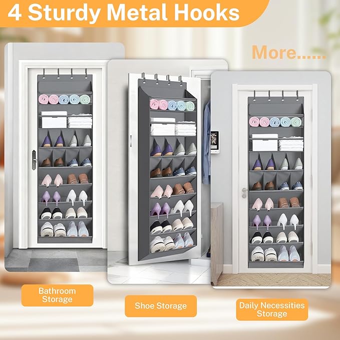 Over The Door Shoe Organizer - 8-Shelves Hanging Shoe Rack with Exlarge Deep Pockets | Behind Door Space Saving for Apartments, Dorms, RV Closets | Anti-Slip Oxford Fabric (14-Pocket, Gray)