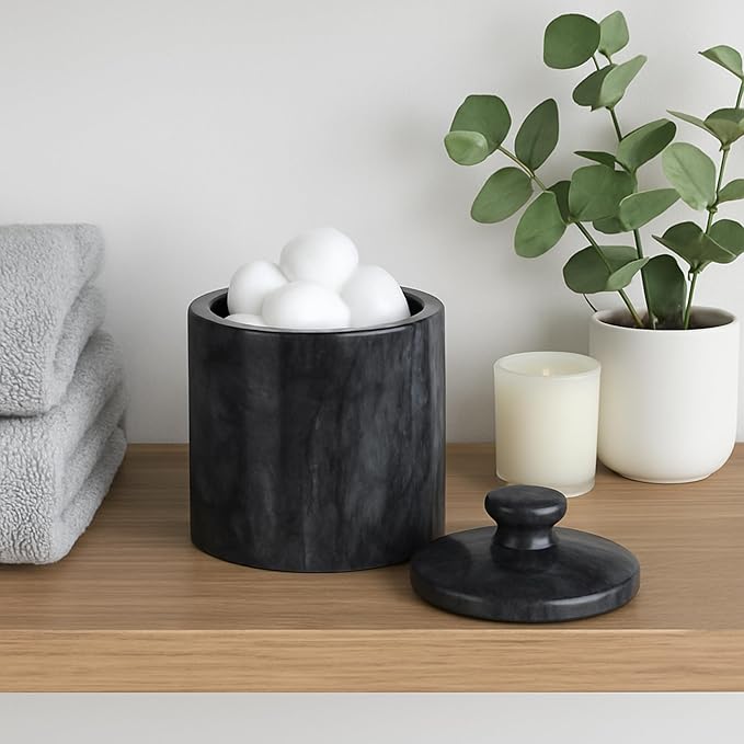 Creative Home Hand Carved Natural Black Marble Storage Jar Heavy Duty Taiwan Yushan Stone for Cotton Balls Jewelry Bathroom Essentials Chemical-Free and Eco-Friendly, 3.8 Diam. x 5.2 H Inch