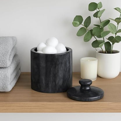 Creative Home Hand Carved Natural Black Marble Storage Jar Heavy Duty Taiwan Yushan Stone for Cotton Balls Jewelry Bathroom Essentials Chemical-Free and Eco-Friendly, 3.8 Diam. x 5.2 H Inch