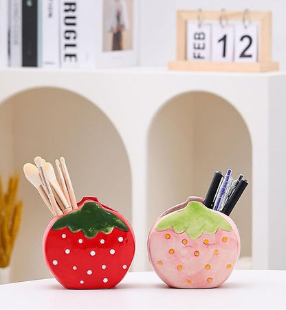 1 PC Ceramic Strawberry Makeup Holder Makeup Organizer Pen Holder Desktop Organizer (Red)