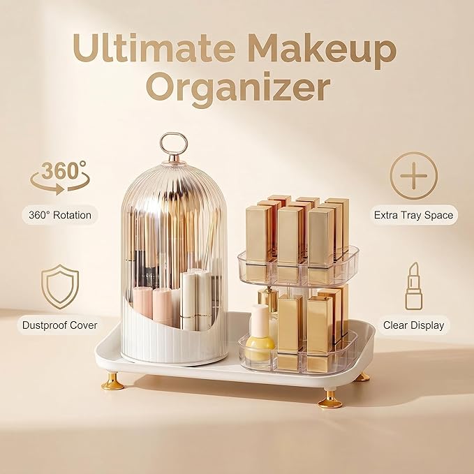 Makeup Brush Holder with Lid, 360° Rotating Makeup Organizer, Large Capacity Dustproof Storage Box & Lipstick Display Stand, Multifunctional Desktop Vanity Organizer with Easy Access