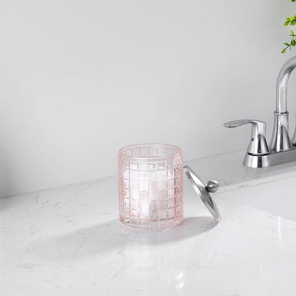 Blush Colored Tranlucent Apothecary Etched Geometric Grid Glass Jar W/ Nickel Metal Lid Cover for Bathroom Organization, Cotton Balls, Q Tips, and Small Accessories, Bathroom Storage