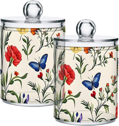 4 Pack Qtip Holder Dispenser Butterfly Tulip Wildflower Cotton Ball Swab Round Pads Floss Clear Bathroom Storage Containers Plastic Apothecary Jars with Lids