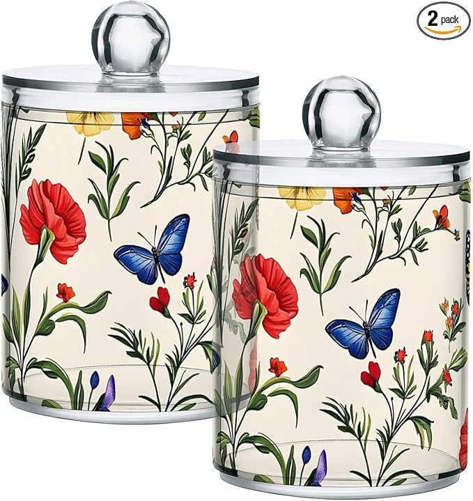 2 Pack Qtip Holder Dispenser for Cotton Ball Butterfly Tulip Wildflower Swab Round Pads Clear Plastic Acrylic Jar Set Bathroom Canister