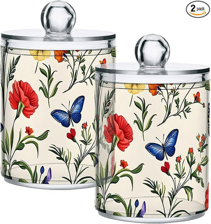 2 Pack Qtip Holder Dispenser for Cotton Ball Butterfly Tulip Wildflower Swab Round Pads Clear Plastic Acrylic Jar Set Bathroom Canister