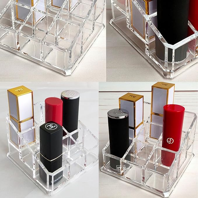 Lipstick Lip Gloss Organizer Small Clear Lipstick Holder 9 Slots Acrylic Case Essential Oil Rollerball Perfume Holder Display Cases for Brushes, Bottles