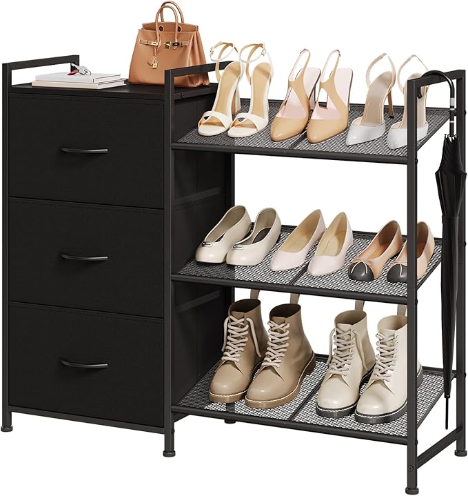 Somdot Shoe Rack, 3 Tier Shoe Organizer with 3 Drawers, Metal Shoe Storage Shelf for 6-9 Pairs of Shoes with Fabric Shelves and Wooden Top, Narrow Shoe Rack for Entryway, Black