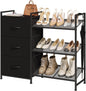 Somdot Shoe Rack, 3 Tier Shoe Organizer with 3 Drawers, Metal Shoe Storage Shelf for 6-9 Pairs of Shoes with Fabric Shelves and Wooden Top, Narrow Shoe Rack for Entryway, Black