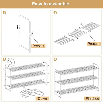 KEETDY 3-Tier Long Shoe Rack for Closet Metal Shoe Organizer for Entryway, Wide Stackable Shoe Storage Shelf with Sturdy Wire Grid for Closet Floor, Bedroom, White