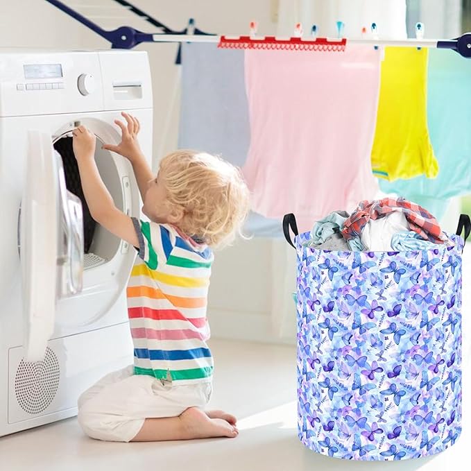 Butterfly Laundry hamper Baby Nursery Hamper Waterproof foldable kids laundry basket Kids Dirty Clothes Hampers Girl Room Decor for Home Gift Baskets(Blue Purple Butterfly)