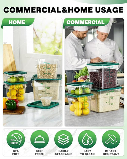 2QT NSF Food Storage Containers: 6 PCS [Food Grade][Hot&Cold Resistant] Commercial Clear Square Food Storage Containers with Scales Handles for Home Restaurant Kitchen Proof Dough(BPA FREE-GREEN N2)