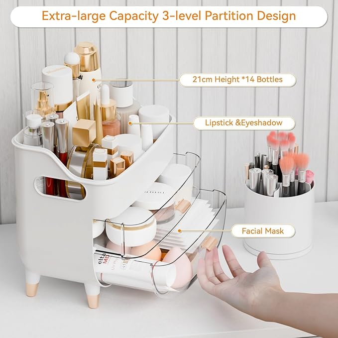 Yieach White Make up Organizer for Countertop,Vanity,Large Capacity Bathroom Makeup Skincare Organizers With Brush Holder,Makeup Storage Organizer for Lotion,Beauty Products,Skin Care,Makeup Display
