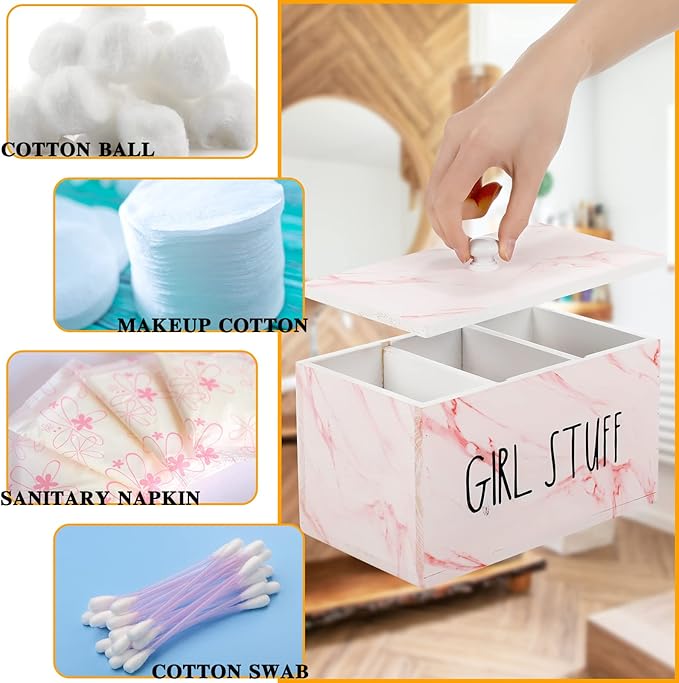 Tampon Holder for Bathroom with Movable Dividers Shark Tampon Storage Container Week with Lid Farmhouse Pad Container Box Feminine Product Organizer Girl Stuff Box for Bathroom(Pink Marble)