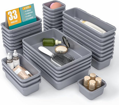 33 PCS Drawer Organizer Set, 4 Size Makeup Drawer Divider Organizer With Non-Slip Pads, Interlocking Plastic Storage Bins for Office,Jewelry Vanity,Gadgets, Bathroom,Kitchen, Grey