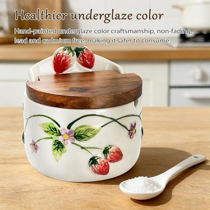 Salt Cellar, 13.5 oz Ceramic Salt Cellar with Lid and Spoon - Strawberry 3D Relief Design Seasoning Jar with Acacia Wood Lid, Suitable for Salt, Sugar, Pepper - Kitchen Countertop Storage Container