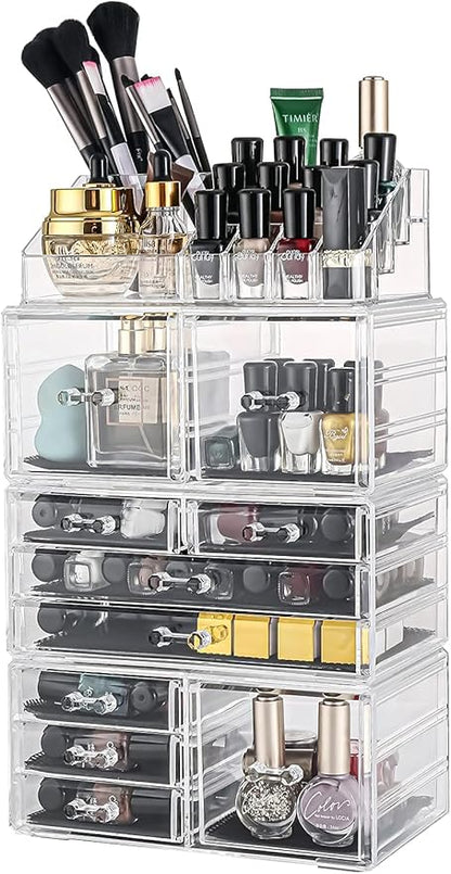 Sooyee Makeup Organizer,Make Up Organizer Stands,Acrylic Makeup Storage 10 Makeup Drawer Organizer for Bathroom, Dresser, Vanity Accessories or Countertop,Clear,4 Pieces Stackable