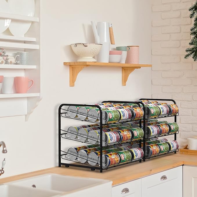 NORCEESAN Stackable Can Rack Dispenser 2 Pack Can Storage Rack Organizer Can Food Storage Rack Holds Up to 72 Cans for Kitchen Cabinet Countertops, Black