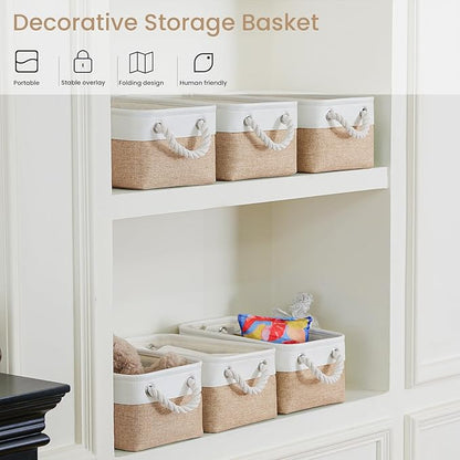 Storage Baskets for Shelves 11.8x7.9x5.2 Inch, Foldable Fabric Storage Bins with Handles, Small Storage Baskets for Organizing Closet, Office, Home Organization (6-Pack, White&Khaki)