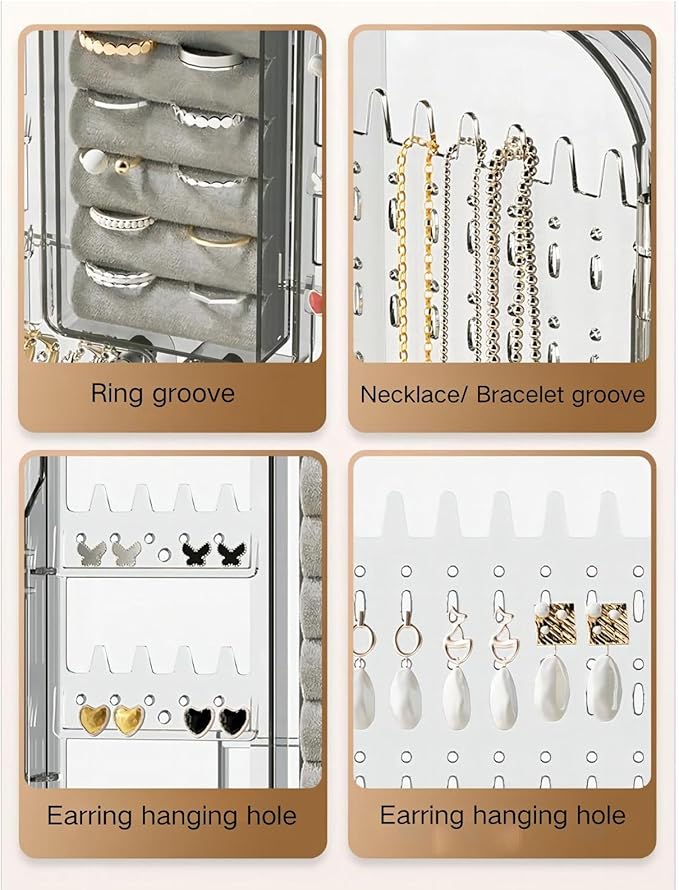 Wall Mounted Jewelry Organizer -No Punching Foldable 4-Compartment Earring Holder for Necklaces, Rings, Bracelets | Jewelry Holder Wall for Women & Girls (Gray)