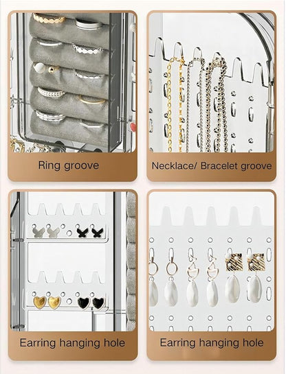 Wall Mounted Jewelry Organizer -No Punching Foldable 4-Compartment Earring Holder for Necklaces, Rings, Bracelets | Jewelry Holder Wall for Women & Girls (Gray)