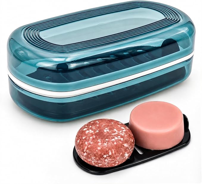 AIDIMMING Clear Shampoo Bar Holder, Large Plastic Travel Soap Case with Lid and Drain Tray, Fits Duke Cannon Soap bar, Kitsch Shampoo and Conditioner Bars Set, for Camping, Gym, Bathroom (Max, Blue)