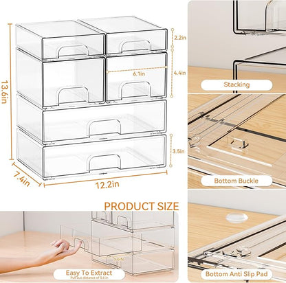Yieach Clear Stackable Storage Drawers - Set of 6 - Acrylic Drawers,Bathroom Organizer Bin and Plastic Makeup Organizer,Clear Stacking Brightroom Storage Boxes for Vanity,Cabinet,Pantry Organization