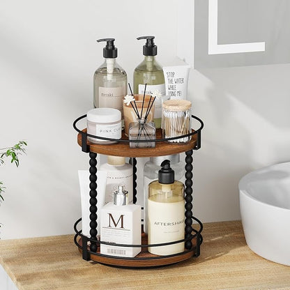 YINMIT Lazy Susan Turntable Organizer, 11.2" Rotating Spice Rack Organizer for Cabinet, Wooden 2 Tier Spinning Spice Rack for Kitchen Countertop, Table Top, Pantry, Bathroom, Brown