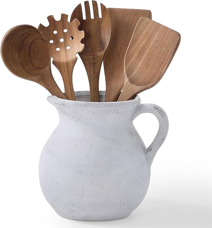 MIYUKI Rustic Kitchen Utensil Holder - 7.6 Inch Ceramic Utensil Crock for Countertop, Vintage Kitchen Counter Decor