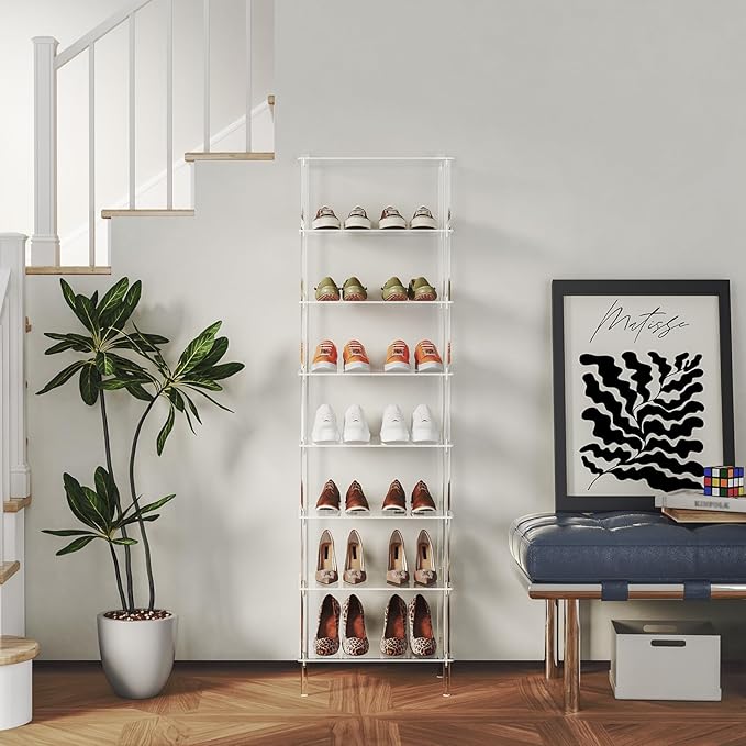 Aquiver Acrylic 8 Tiers Tall Shoe Rack - Shoe Organizer for Entryway - Narrow Shoe Storage Shelf Clear Shoes Rack for Closet, Store 16-20 Pairs of Shoes, 18.1'' L x 11.8'' W x 61'' H, Easily Clean