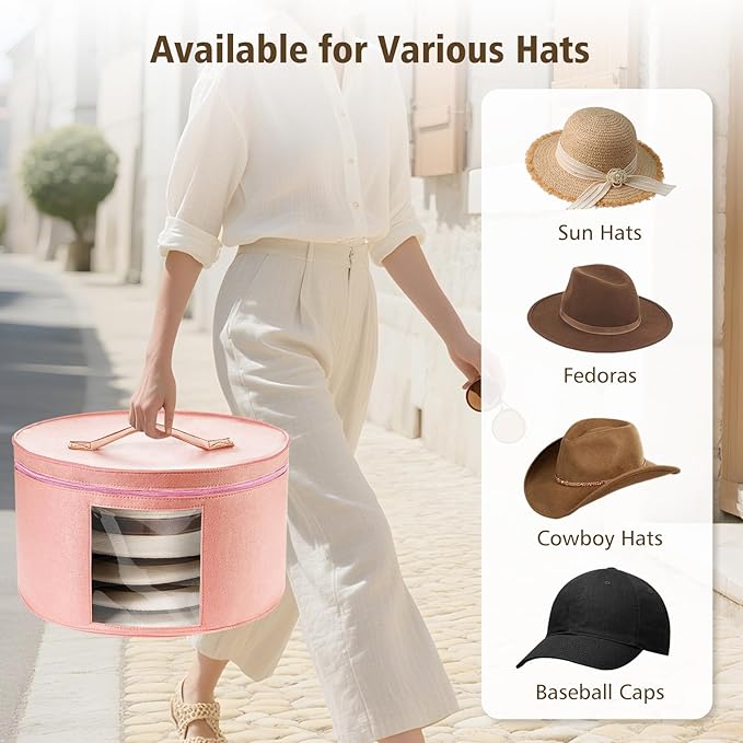 HEAVYWOOD Hat Box for Women Storage Travel Felt Hat Case for Wide-Brim Cowboy Hat Storage Foldable Organizer for Closet Large Round Hat Carrier with Portable Handle (Pink)
