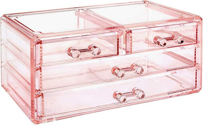Ikee Design Pink Jewelry & Cosmetic Storage Display Boxes Two Pieces Set, Pink Cosmetic Jewelry Organizer Makeup Holder, Organizer for Vanity
