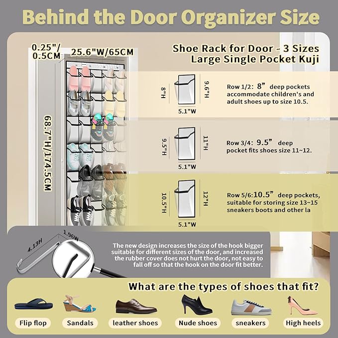 PAULONE Over the Door Organizer with 30 Large Pockets, 3 Sizes of Closet Hangers, Holds up to 69 lbs, Hanging Organizer with Clear Window for Children's Toys, Shoes, Diapers (White)