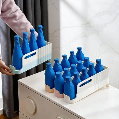 Space Efficient Sodas Can Rack Automatic Sliding Dispenser for Kitchens Counter or Fridge with Auto Replenish Feature Sliding Bottle Shelf