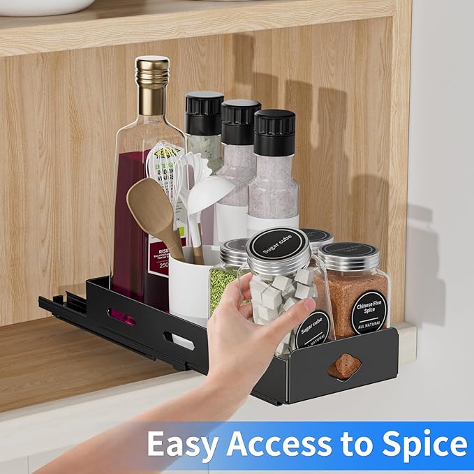 BOIVSHI Pull Out Spice Rack Organizer for Cabinet, Heavy Duty Spice Organizer for Cabinet, Vertical Spice Rack for Kitchen, Cabinet, Pantry, Cupboard (4.2''Wx10.5''Dx2.8''H, Metal Black)
