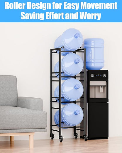 4 Tier 5 Gallon Water Jug Holder with 4 Lockable Wheels - Water Bottle Rack Organizer with Movable Casters, Heavy Duty Water Storage Rack Dispenser Stand for Kitchen Office Garage/Black
