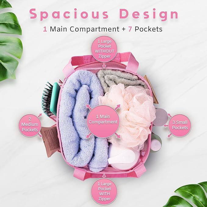 DV Lifestyle Mesh Shower Caddy Dorm, 7 Pockets & 1 with Zipper, Shower Tote with Padded Handles, Travel Portable, Shower Caddy College Room Essentials, Bathroom Shower Bag (Pink)