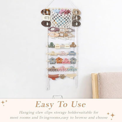 SNOWSTAR Macrame Hair Claw Clip Organizer,Large Capacity Mesh Bag Scrunchies Holder and Hair Ties Organizer for Women Girls,Hair Accessorie Hanging Storage Home Decor Wall,Door