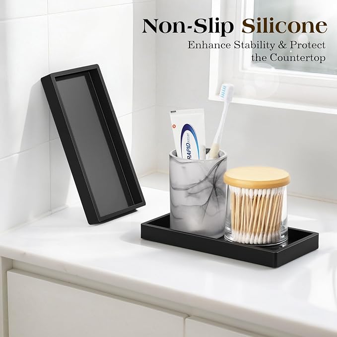 Luxspire Bathroom Vanity Tray - 2 Pack (7.9" x 4") Silicone Soap Dish for Kitchen Countertop, Bathroom Counter Tray for Soap Dispenser Perfume Jewelry Accessories, Matte Black