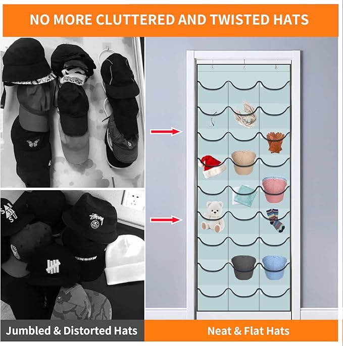 Hat Rack for Baseball Caps, 27 Pockets Over The Door Baseball Hat Organizer, Fitted Hat Storage for Closet Wall Mount Bag With Large Pockets & 3 Hooks, Hat Holder Hanger Organization to Display Caps