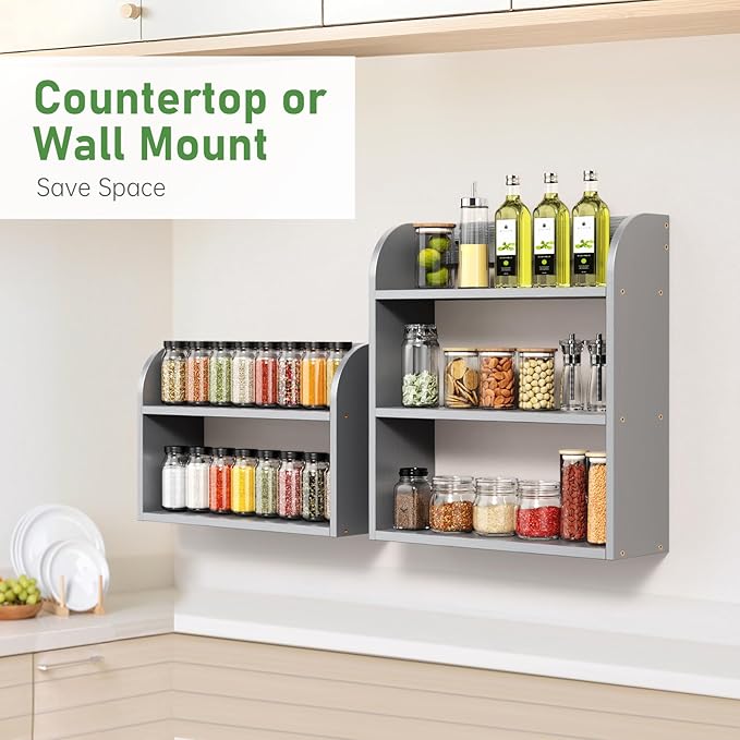 ROMGUAR CRAFT 2 Tier Bamboo Spice Rack, Countertop or Wall Mounting Wood Spice Jars Organizer Shelf for Kitche, Pantry (Grey)