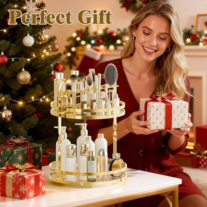 360 Rotating Makeup Organizer Vanity, Gold Perfume Organizer for Dresser, 2 Tier Bathroom Organizer Countertop, Lazy Susan Spinning Perfume Stand for Women, Skincare Storage with Brush Holder