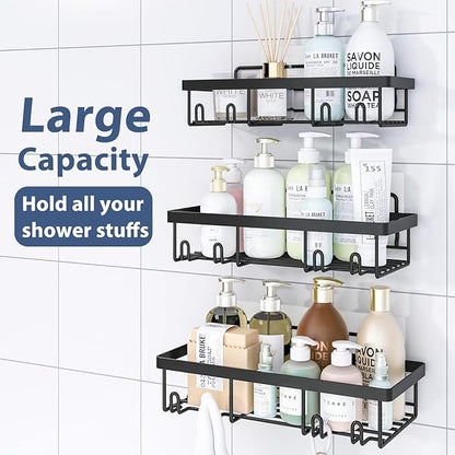 Liuoud 5 Pack Shower Caddy Organizer Rack Shelf for Inside Shower, Adhesive Bathroom Wall Storage Basket Rustproof Stainless Steel Shampoo Holder, Bathroom Accessory Decor Set, Black.
